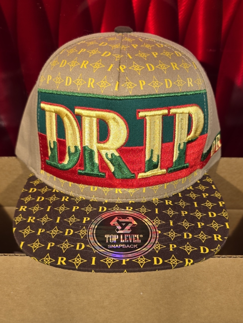 Top Level Drip Snapback Hat Tan Green Red Gold Embroidered Flat Brim Cap New